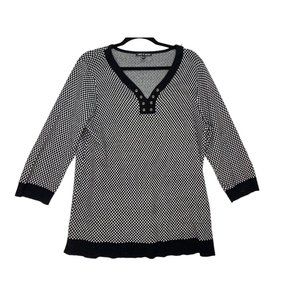 Cable and Gauge Pull Over Sweater Black and White Grommet‎ V Neck 3/4 sleeve XL